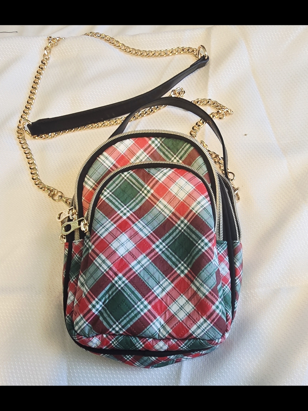 Feifeiyu Plaid Mini Crossbody Bag with Gold Chain